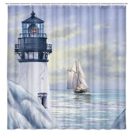 Jipusai 4PCS Set Coastal Lighthouse Shower Curtain,Blue Ocean Sailboat Nautical Shower Curtain Sets for Bathroom Bathtub Decor Accessories with Non-Slip Rugs, Toilet Lid Cover and Bath Mat
