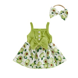 Kayotuas Newborn Baby Girl Summer Clothes Romper Dress Fruit Print Sleeveless Square Neck Bow Jumpsuit Bodysuit with Headband (Green, 0-3 Months)
