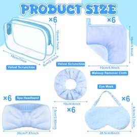 30 Pcs Spa Sleepover Party Supplies for Girls 6 Bow Facial Headband 6 Blue Plush Sleep Eye Mask 6 Velvet Scrunchies 6 Makeup Remover Cloth 6 Clear Cosmetic Bags for Women Slumber Party Favors Blue