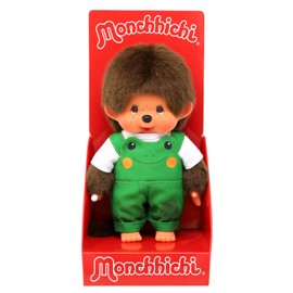 Sekiguchi 203871 Original Monchhichi Boy with Dungarees and Frog Motif, Approx. 20 cm Cuddly Toy Made of Brown Plush