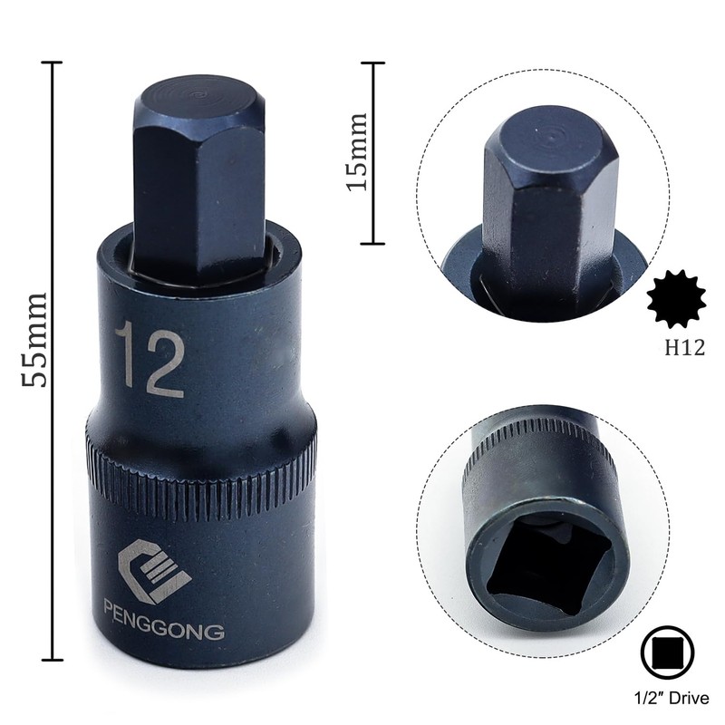 Juttzzei 1/2" Drive x H12 Hex Bit Socket, 12mm Allen
