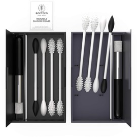 BOETECO Reusable qtip Ear Swab and Makeup Swabs Kit. 2 Cases with 8 Reusable Silicone Cotton Swabs for Ears, Baby, Beauty (8Swabs 2Cases, Black & Grey)