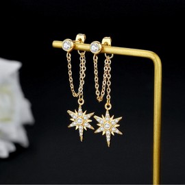 Gold Dangle Earrings for Women, Drop Dangle Earrings 925 Sterling Silver 14K Gold Earrings for Women Trendy Chain Star Earrings Nickel Free Hypoallergenic Cubic Zirconia Stud Sparkle Gifts Jewelry