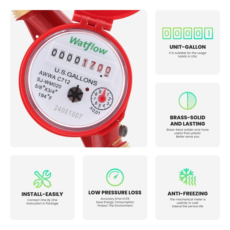 Watflow DN20 Water Meter 3/4" NPT, Gallon Water Flow Meter
