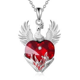 YAFEINI Women's 925 Sterling Silver Phoenix Pendant Necklace with Red Crystal Phoenix Jewellery for Wife and Mother, Sterling Silver, Created Ruby