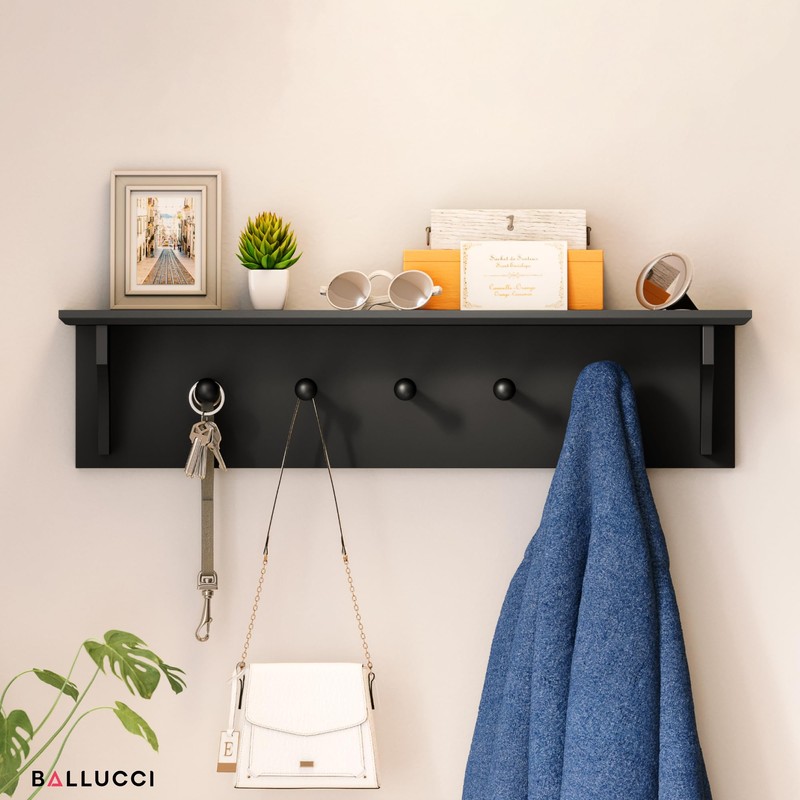 Ballucci Floating Coat and Hat Wall Shelf Rack, 5 Pegs
