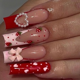 BABALAL Long Square Press on Nails Pink French Fake Nails Red Heart Glue on Pearl Strawberry Design Cute Acrylic Nails Squoval 3d Bow Manicure False Nails for Women and Girls