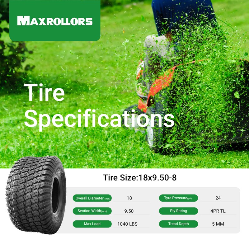 (2 Pack) MAXROLLORS 18x9.50-8 Lawn Mower Tires, 18x9.5-8 for Garden