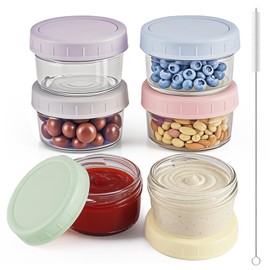 Osldims 6-Pack Glass Condiment Containers with Lids & Cleaning Brush - Leakproof 2.7oz Sauce Cups for Lunch Box, Dishwasher Safe BPA-Free Food Storage Jars, Stackable Salad Dressing Containers To Go