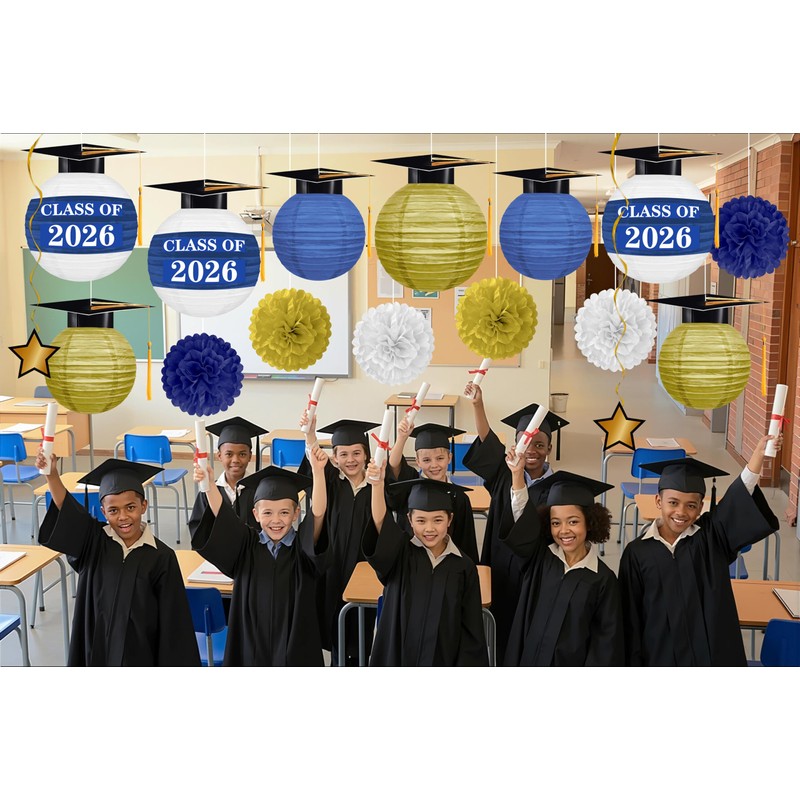 16Pcs Graduation Cap Paper Lanterns Party Decorations - Blue and