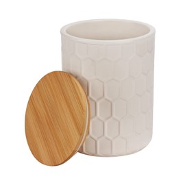 WENKO Maya Storage Tin Made of High-Quality White Ceramic with Honeycomb Structure, Dishwasher-safe Tin with Airtight Lid Made of Bamboo, FSC® Certified, 1.3 L, Diameter 13 x 17 cm