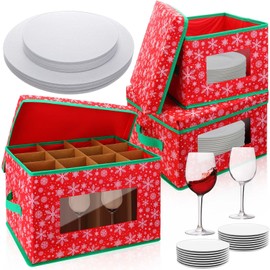 Wesnoy 3 Pcs Christmas China Storage Containers Include Plate Storage Containers with Dividers 40 Pcs Felt Protectors for Kitchen Organizers and Storage(10 Inch,Fakesnow Style Wine Glass Storage)