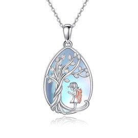 YAFEINI Moonstone Tree of Life Necklace S925 Sterling Silver Cat/Hummingbird/Fox/Owl/Axolotl/Wolf/Angel Moonstone Necklace Pendant Jewellery Gift for Women Girls, Sterling Silver, Moonstone
