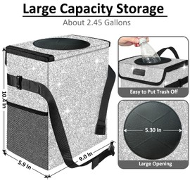 BAOGCOYO Car Trash Can for Car, Cute Mini Car Trash Bag with Lid, Glitter Car Garbage Can Bin Hanging for Back/Front Seat/Console, Waterproof, Leakproof, 2.5 Gallon, Silver Bling Sparkly