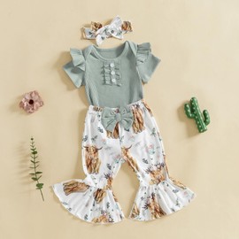 MERSARIPHY Baby Girl Bell Bottom Outfit Cute Infant Newborn Girl Summer Clothes Ribbed Knit Ruffle Romper Tops Flare Pants Set (Green, 6-9 Months)