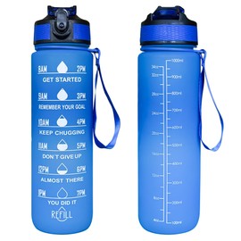 Motivational Water Bottle with Time Markers – BPA-Free, Leak-Proof, Reusable – Perfect for Sports, Fitness, Office & Daily Use – 1L/32oz (Blue)