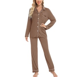 Leikar Brown Pajamas For Women Long Sleeve Button Up Sleepwear Pjs Lounge Sets M