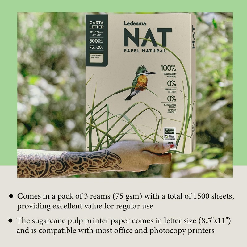 Ledesma NAT, Letter Size (8.5"x11") Natural Sugarcane Pulp Printer Paper,