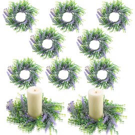 Jexine 8 Piece Pillar Candle Ring Lavender Candle Rings Wreaths Artificial Lavender Candle Rings Lavender Wreaths for Front Door Valentine Wedding Party Centerpieces Seasonal Home Decor