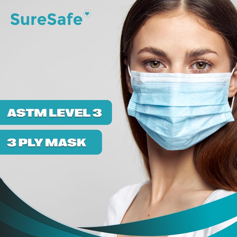 SureSafe 100 PCS ASTM Level-3 Masks Disposable, Blue face mask,