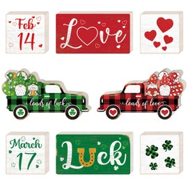 Wenqik 4 Pcs Valentines Day Decoration and Reversible St. Patrick's Day Decoration Wood Signs Love Valentines Table Decor Luck Shamrocks Wood Tiered Tray Decor Freestanding Wood Tabletop Decorations