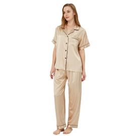 TONY AND CANDICE Women's Pajama Set, Short Sleeve Satin Sleepwear (Champagne, Large)