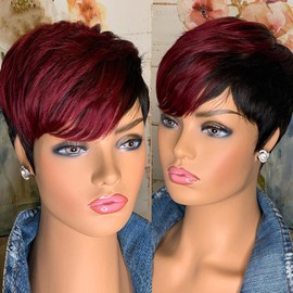 SAEIALL Short Pixie Cut Wig Human Hair for Black Women Colored Haircut Wigs None Lace Frontal Wigs Glueless Easy to Wear Put On and Go Wig (Black with Burgundy)