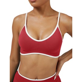 ABOCIW Women's Color Block Sports Bras Seamless Adjustable Spaghetti Straps Gym Workout Bra Wireless Padded Yoga Crop Top Cherry Red Medium