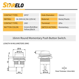 STARELO 10PCS 16mm Round Momentary Push Button Switch SPST 3A AC250V/6A AC125V 2Pin 1NO with pre-soldered Wires R13-507 (Two Each of Red, Green, Blue, Black and Yellow).