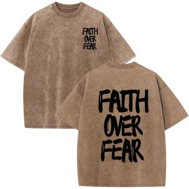 Christian Men's Vintage Oversized Acid Wash Religious T-Shirt with Jesus & God GraphicsColor: Coffeefaith over fear, Size: 2 XL