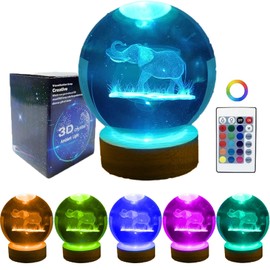 Gutsyluv 3D Crystal Ball Night Light with 16 Color LED Wooden Base with Remote, 3.15 Inch K9 Crystal Ball Night Light,3D Laser Engraving Holographic Lamp (Elephant)