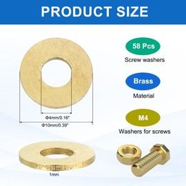 sourcing map 58 Pack Brass Flat Washer, M4 Copper Washers Crush Washer Kit Assortment, 4mm ID, 10mm OD, 1mm Thick for Bolts Screws Machinery Repair, Outdoor Construction