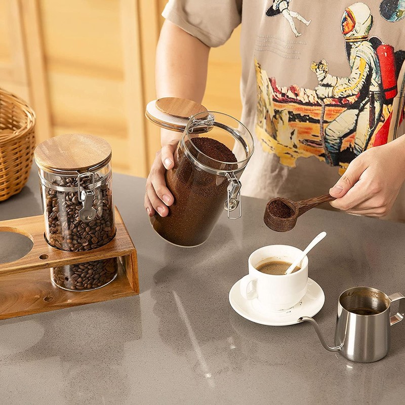 Yangbaga Glass Coffee Container with Wooden Shelf,2×45OZ Coffee and Sugar