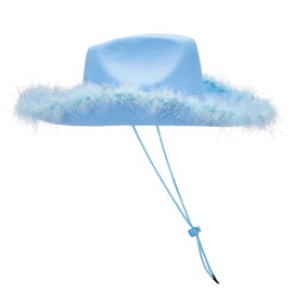 Women Western Retro Feather Wide Brim Felt Cowboy Hat for Party Costume Fancy Dress A-Blue One Size