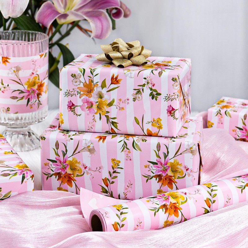 Burymento Pink Striped Flower Wrapping Paper, Reversible Pink Love Design
