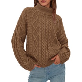 PRETTYGARDEN Cable Knit Sweaters for Women 2025 Oversized Chunky Turtleneck Long Sleeve Fall Winter Pullover Sweater Tops Trendy (Brown,M)