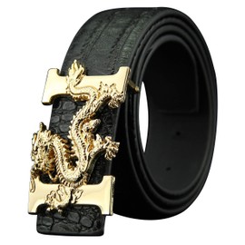 ALAKA mens Dragon Buckle Alligator Pattern Leather Belt, Black, Length 110cm * Width 3.8cm