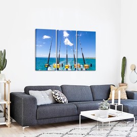 KREATIVE ARTS 3 Pieces Large Canvas Wall Art Row of Five Fishing Rod and Reel Pictures Blue Seascape Wall Paintings for Living Room Bedroom Fishing Tackle Artwork Home Decor Each 16x32 Inches