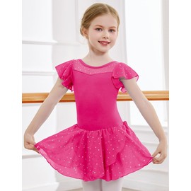 Zaclotre Girls Ballet Leotards Ruffle Sleeve Sparkle Dance Leotard Toddler Ballerina Dress Outfits Hot Pink
