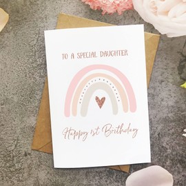 MAGJUCHE Rainbow First Birthday Card For Daughter, Rose Gold Boho Girl 1st Birthday Card From Father Mother