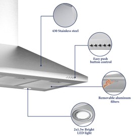 SOONYE 36 inch Stainless Steel Wall Mount Range Hood, 450 CFM Ducted/Ductless Convertible,Kitchen Vent Hood with 3 Speed Controls, 5-Layer Aluminum Filters, 2 LED Lights