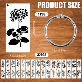 32pcs Wildflower Stencils for Painting, Botanical Flower Stencils Reusable Floral Leaf Plant Drawing Templates with Ring for Furniture Canvas Wood DIY Craft Wall Art