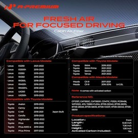 A-Premium Filtro de aire de cabina con carbón activado compatible con modelos Lexus, Toyota y Mazda: Avalon, Camry, Highlander, Corolla, RAV4, Prius, 