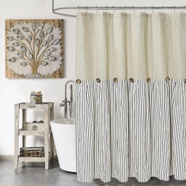 DOSLY IDÉES Farmhaus Shower Curtain with Black Stripes, Linen Cotton, Decorative Buttons, Pleated, 180 x 180 cm
