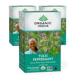 Organic India Tulsi Peppermint Herbal Tea - Stress Relieving & Refreshing, Immune Support, Aids Digestion, Vegan, USDA Certified Organic, Fairtrade, Caffeine-Free - 18 Infusion Bags, 3 Pack