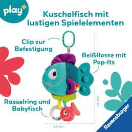 Ravensburger 4876 play+ Pop-it Piranha (blue), cuddly toy with many play effects, baby toy from 0 months