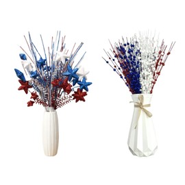 GBHKPLFO 4 Pack+12 Pack 4th of July Artificial Flowers，Patriotic Berry Stem Picks with Glitter Star Picks Red White Blue Pentagram Faux Berry Branches Decoration for Home Office Restaurant Vase Décor