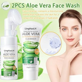 Limpiadores Faciales De Aloe Vera, Espuma Hidratante Suave Con Cepillo, Limpieza Profunda, Control De Grasa De Larga Duración, Limpiador Facial Espumoso De Aloe Vera Para Todo Tipo De Piel.
