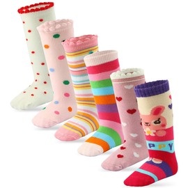6 Pairs Toddler Girl Socks Baby Girl Socks Cotton Socks, Kids Girl Knee High Grip Socks Anti Slip Socks (6 Pairs Princess, 1-3 Years)