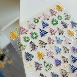 Christmas Nail Stickers for Nail Art 5D Embossed Luxury Christmas Tree Nail Decals Colorful Xmas Trees Bow Christmas Wreath Design Sticker for Women Girls Christmas Manicure Decor Accessories,2Pcs